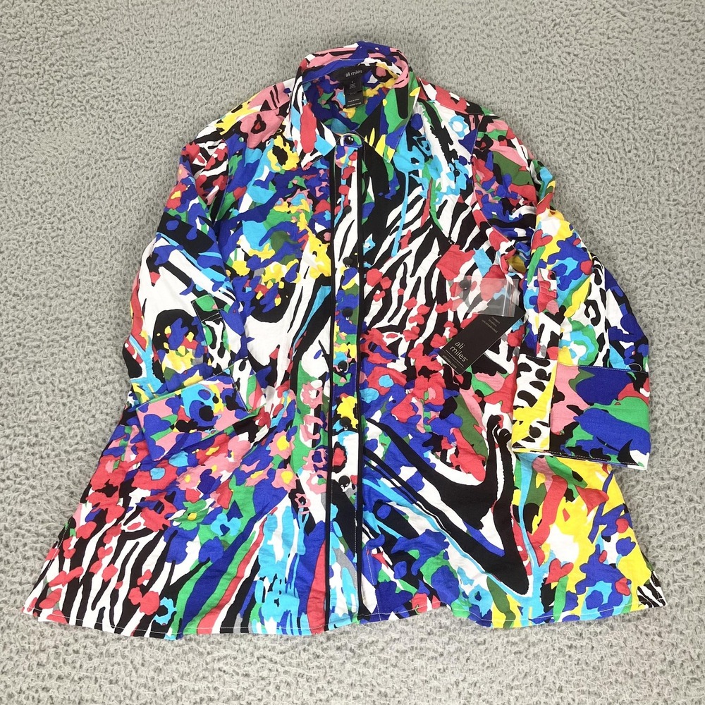 Ali Miles Tunic Blouse Womens Small Multicolor Floral Button Up Artsy